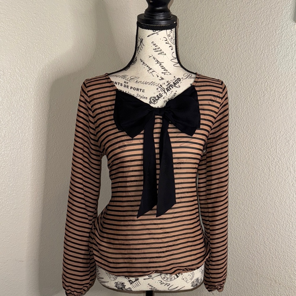 Timing Black and Brown Striped Bow Blouse